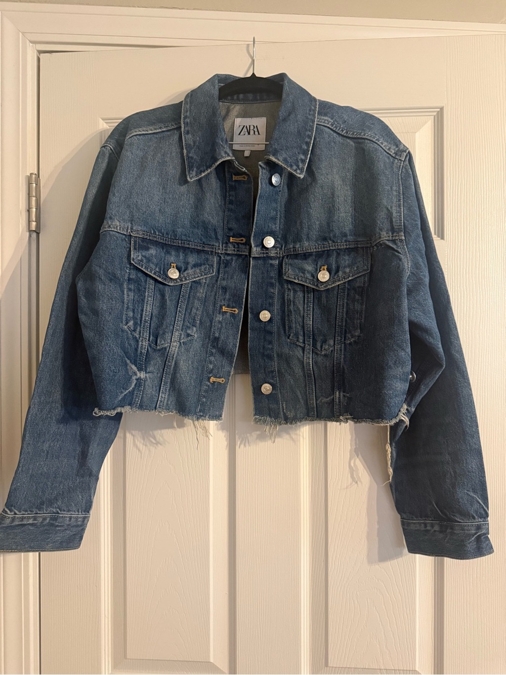 Zara Distressed Dark Blue Cropped Denim Jacket